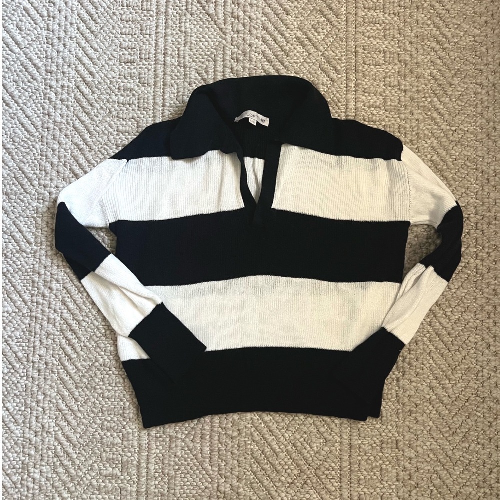 Loft Striped Polo Sweater Black White Ribbed V-Neck Knit Top Size M